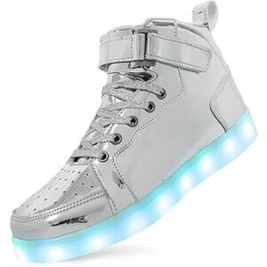 New Hot Dingding Women 11.5 Silver Rechargeable Light Up High Top Sneaker Shoes